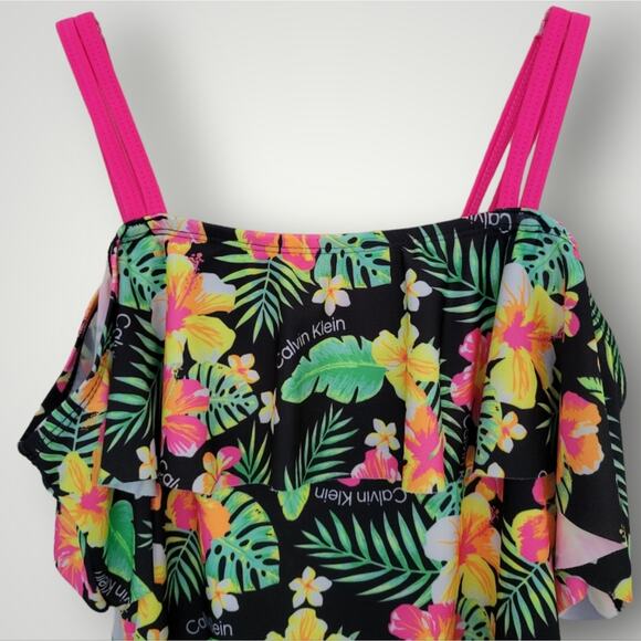 Calvin Klein Girls Swimsuit Large L One Piece Floral Black Pink Green Resort - Picture 2 of 9
